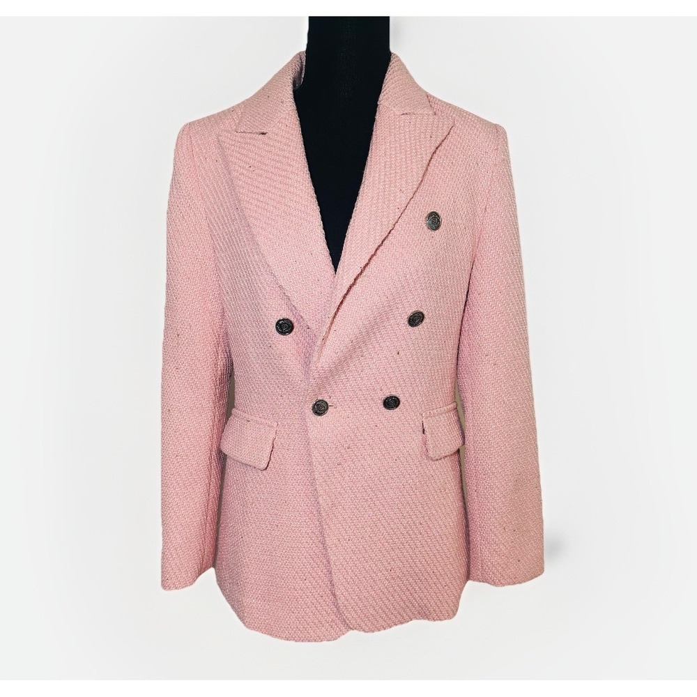 MINA SELF Light Pink Tweed Gold Specks Jacket Blazer Button Detail Pockets SMALL
